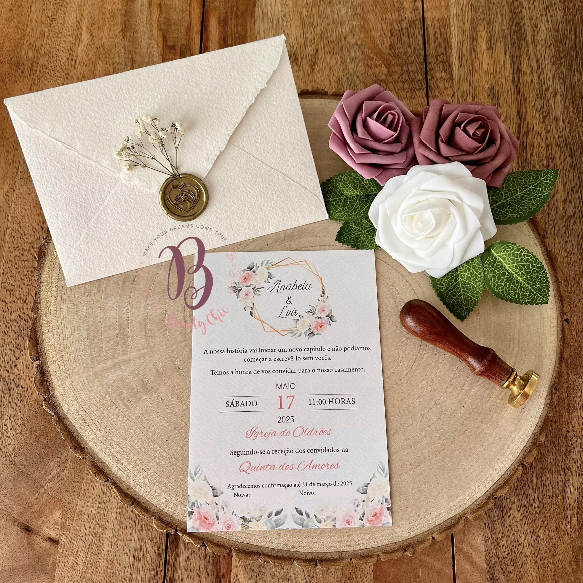 Convite Casamento Papel Artesanal "Flores Rosa"